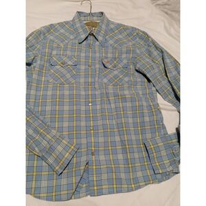Hollister‎ Mens Blue Yellow Plaid Western Pearl Snap Long Sleeve Shirt Medium